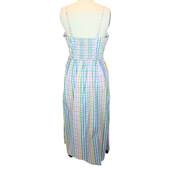 J CREW Pastel Gingham Midi V Neck Smocked Sun Dress w/ Pockets Size 6 Preppy - Picture 3 of 8
